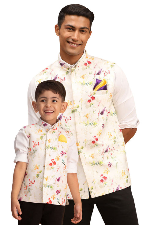 VASTRAMAY Multicolor Base Cream Floral Jacket Baap Beta Set